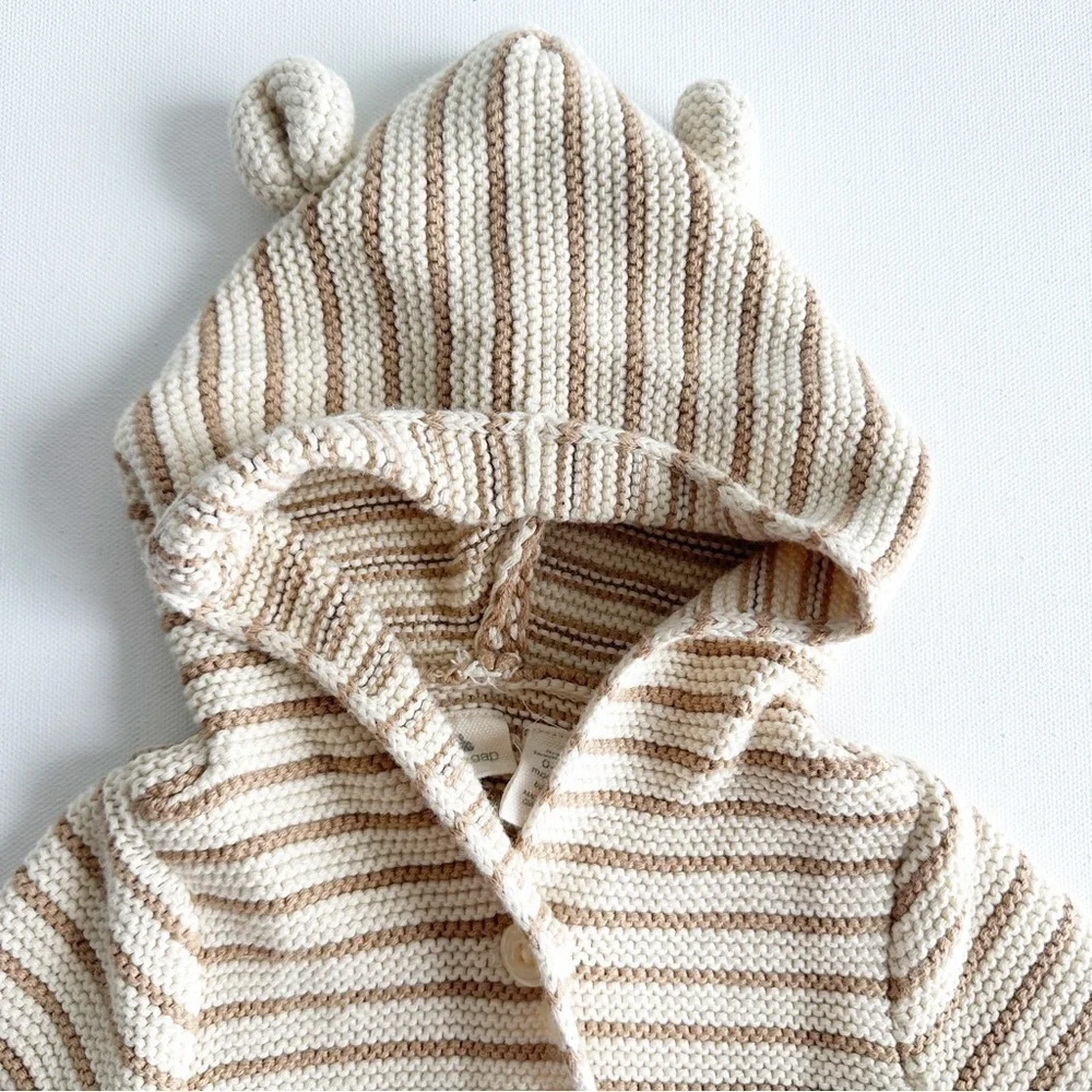 Baby Gap Baby Bear Garter Cardigan Sweater Oatmeal Stripe Size 0-3 Months